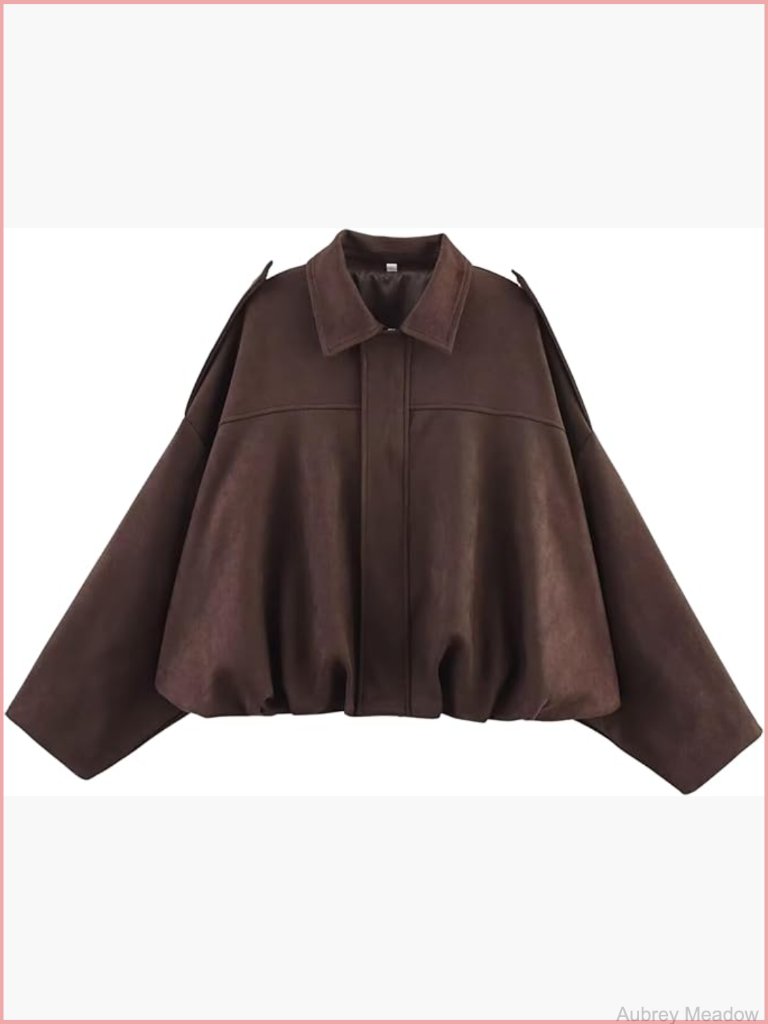 Faux Suede Bomber Jacket, Oversized Casual Lapel Pilot Coat Long Sleeves